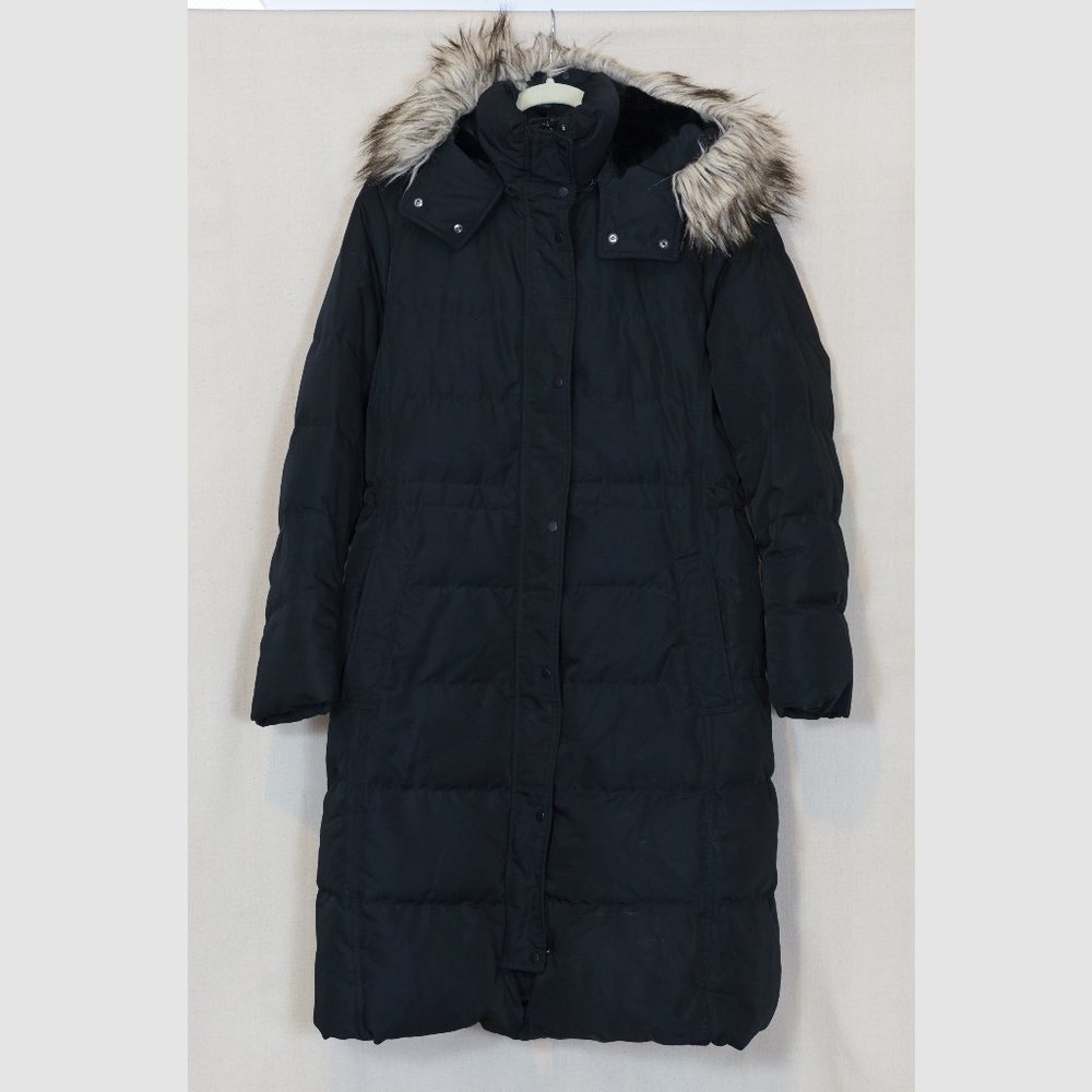 Knee length puffer winter coat with detachable faux fur lined hood